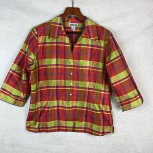 Robbie Bee 100% Silk‎ Multi Color Button Up Blouse Size 14 Bright Retro Plaid